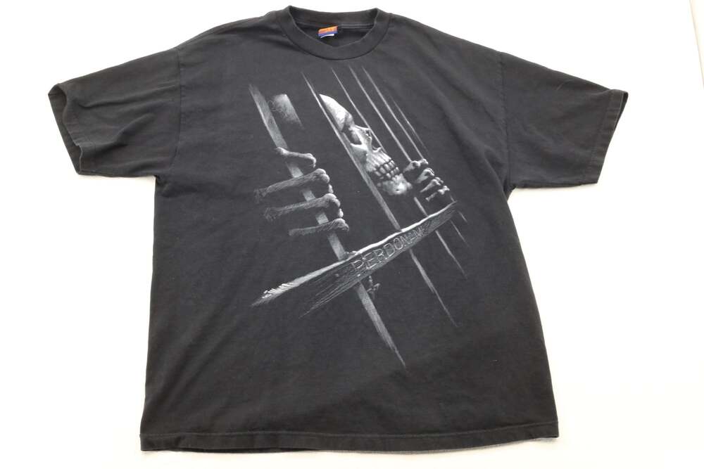 Ogabel Men's Black Graphic T-Shirt Featuring Skeleton in Prison Cell and Crowned